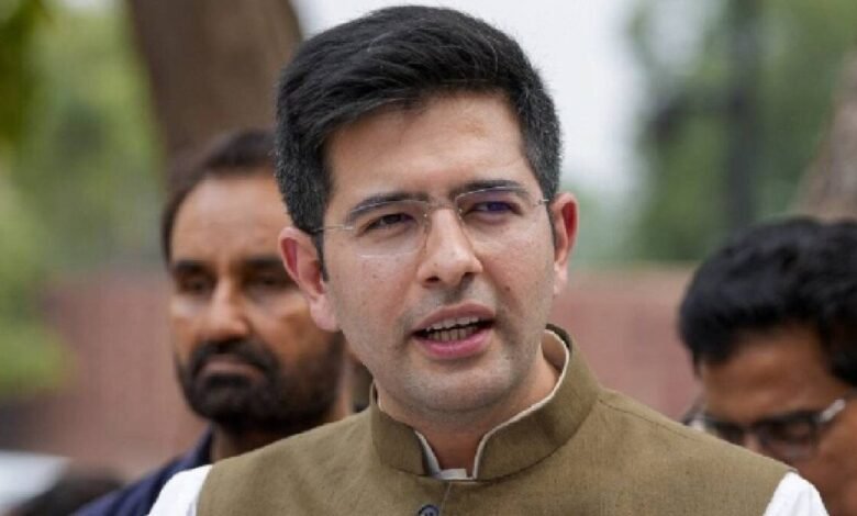 Raghav Chadha with Ashok Mittal and Sandeep Pathak during BJP joining announcement