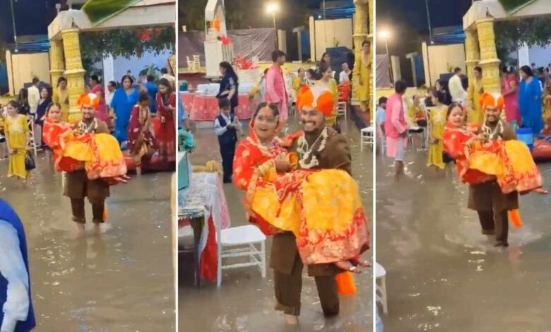 Groom Carries Bride Through Flooded Wedding Hall in Heartwarming Monsoon Moment