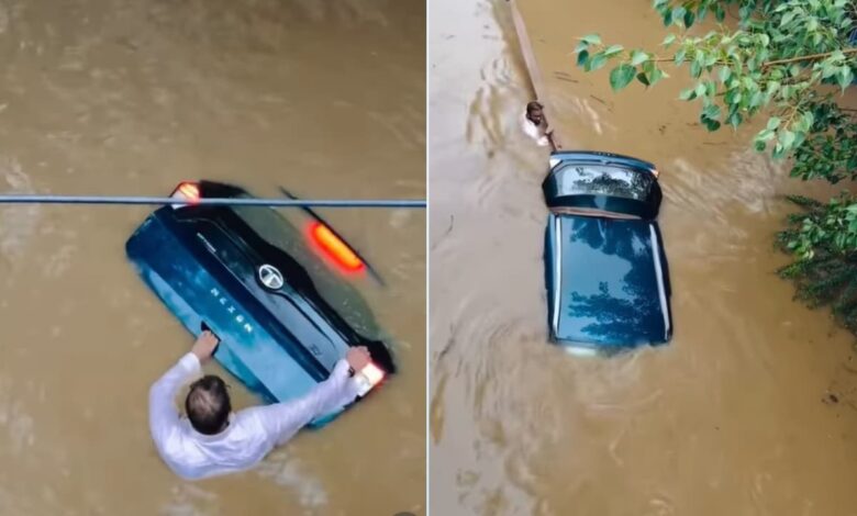 Man’s Effort to Save His Car During Flood Goes Viral