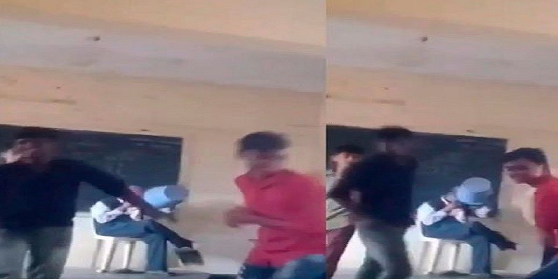 Karnataka students assault teacher and put dustbin
