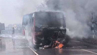Youth burnt alive after bus-bike collision near sindagi toll gate in Vijayapura