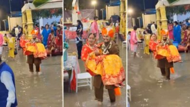 Groom Carries Bride Through Flooded Wedding Hall in Heartwarming Monsoon Moment