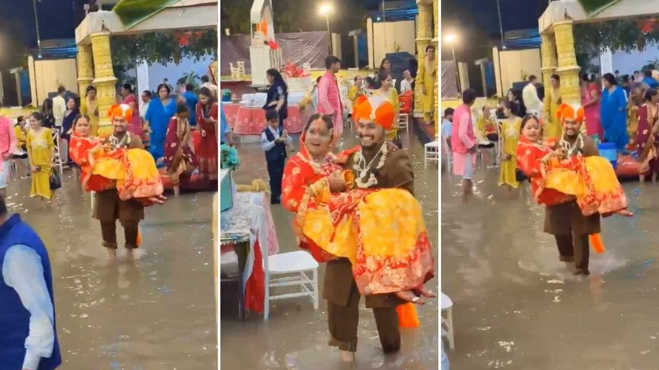 Groom Carries Bride Through Flooded Wedding Hall in Heartwarming Monsoon Moment